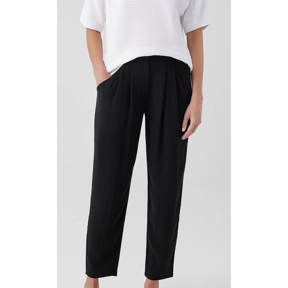 Eileen Fisher Black Silk Gorgette Crepe Pleated Front Trousers Size M